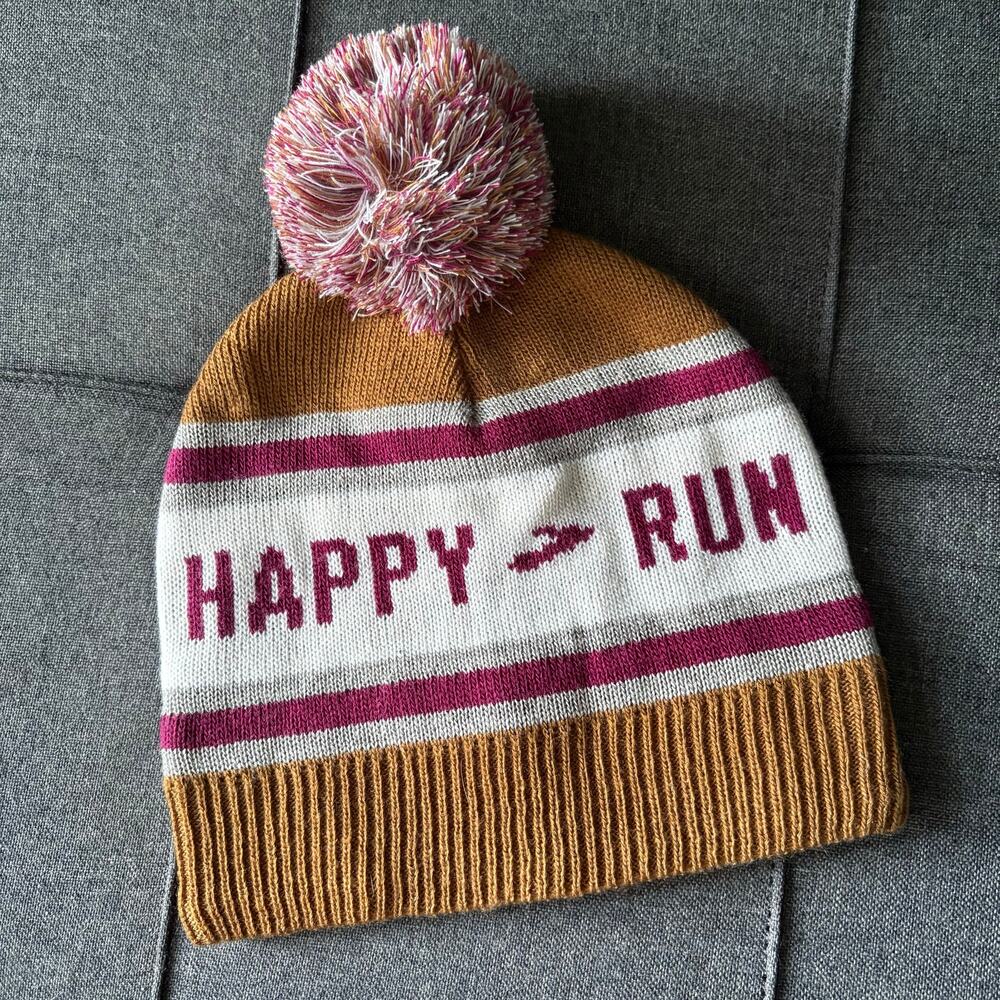 Brooks Run Happy Heritage Pom Beanie Brown & Burgundy Fleece Lined Winter Hat